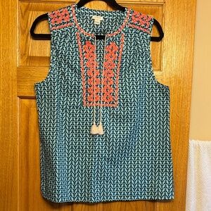 Talbots Teal & Coral Sleeveless Embroidered Tassel Camisole